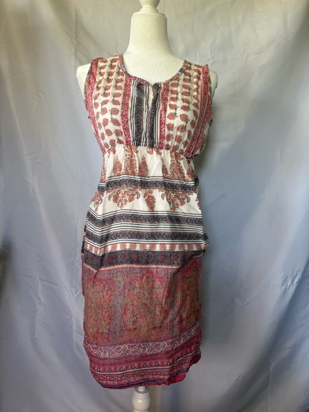 Bhags Boho Paisley Floral Border Print Empire Waist Slvlss Dress S/M Festival